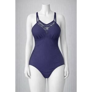 Athena Navy Crochet Neckline One Piece Swimsuit Soft Cup Size 14 Resort Swimwear